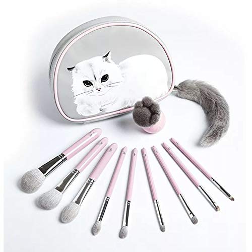 ENERGY Set de brochas de maquillaje Gato Adorable Brocha para polvo Kabuki Brochas para sombras de ojos de contorno Brochas para sombras de ojos Pelo de cabra de primera calidad (rosa 9 unidades)