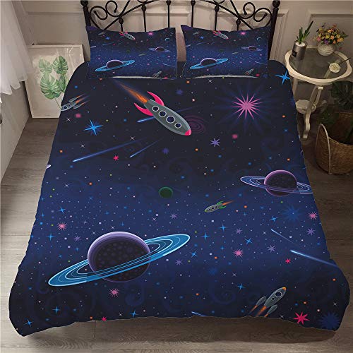 Enhome Juego de Ropa de Cama 3D Espacio Infantil, Poliéster Microfibra Juego de Fundas de Edredón Fundas de Almohada (Planeta,2pcs-150x200cm)