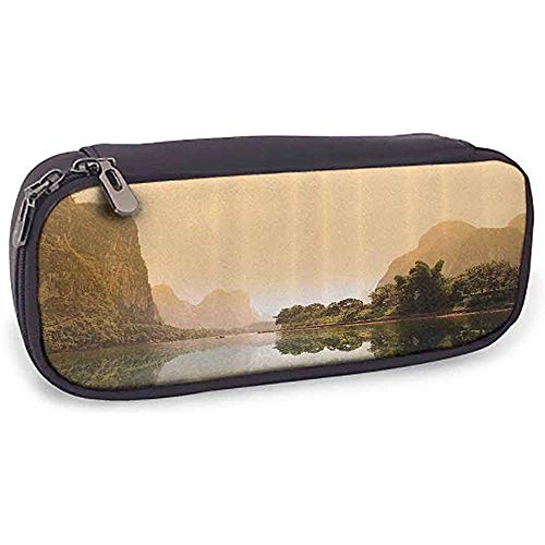 Estuche para bolígrafos Papelería Bolsa Lago Atracciones turísticas famosas de Guangxi China Colina brumosa Árboles Reflexión Imagen panorámica Crema