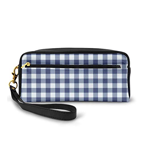 Estuche para lápices, color azul oscuro y blanco Vichy, bolsa de maquillaje, cartera de gran capacidad, portátil, organizador de maquillaje para estudiantes o mujeres