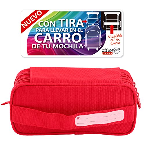 Estuche Portatodo Triple de Amplios Apartados Interiores con Tres Cremalleras para Material Escolar o Neceser. Rojo