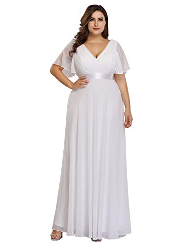 Ever-Pretty Vestido de Fiesta Noche Largo para Mujer Cuello V Manga Corta Talla Grande Blanco 52