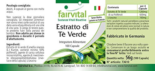 Extracto de Té Verde - VEGANO - Camellia sinensis - Con Cafeína, EGCG & mín. 50% de Polifenoles - Dosis elevada - 100 Cápsulas - Calidad Alemana