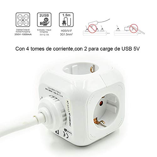 Extrastar PowerCube (Extended USB 1.5 m) Regleta de 4 Salidas, con 2 para Carga de USB 5V Blanco (Blanco)