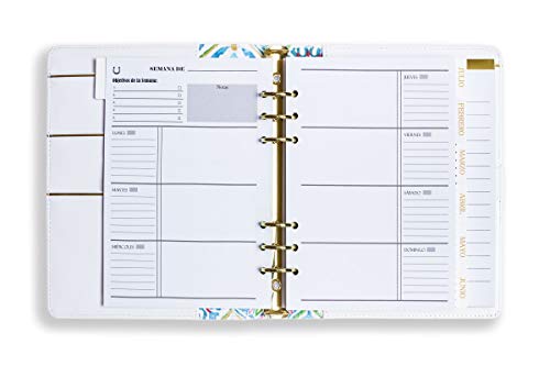 FILOU Planner | Agenda Piel Saffiano | organizador personal A5 con anillas | Planificador semanal, mensual, sin fechas | Perfecto para recambios de hojas A5 | Modelo Ibiza