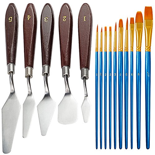 FineGood 5 Piezas Cuchillos Paleta con 10 Piezas Pinceles, espátula Acero Inoxidable Pintura al óleo Cuchillo Metal con Mango Madera y cepillos Pelo Nylon Artistas Principiantes