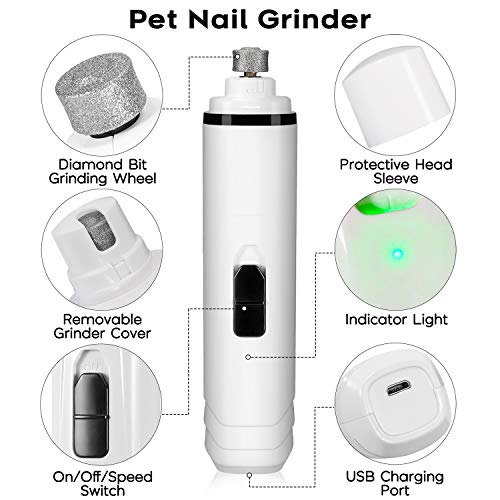 Fostoy Grinder de Uñas para Perros, Grinder para Lima de Uñas para Mascotas Recortador de Uñas para Mascotas, Cortapelos de Uñas Recargables USB Ultra Silenciosos Cuidado de Garras para Mascotas