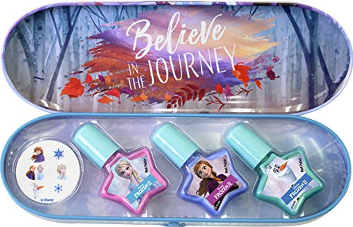 Frozen Nail Polish Tin - Estuche de Maquillaje de Uñas Frozen II para Niñas - Maquillaje Frozen - Estuche Maquillaje de Lata con Pegatinas para Uñas y Esmalte de Uñas