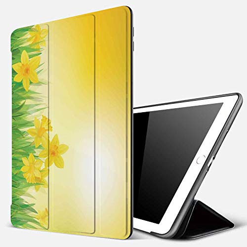 Funda iPad 10.2 Inch 2018/2019,Decoración de narcisos, Flores de Narciso en Primavera Prado Campo Naturaleza Sol ilustración, Verde Amarillo,Cubierta Trasera Delgada Smart Auto Wake/Sleep