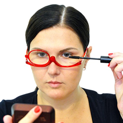 Gafas de Maquillaje, Gafas Para Maquillarse con Lente Abatible,Gafas con Lente que Gira Para Ayudarte con el Maquillaje con Funda Gratuita, Dioptrías +2.5(Rojo)