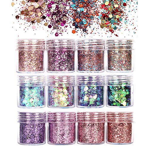 GCOA Purpurinas Polvo, Chunky Glitter Flakes paillette para rostro maquillaje de ojos cabello body art -12 Cajas