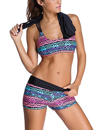 Glamouro Mujer Tankini con Sujetador Deportivo Boyshorts Trajes de Baño de Dos Piezas (S, Mezcla de Color 1)