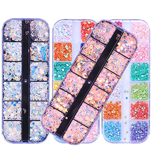 GOTONE 4 cajas de lentejuelas para uñas, copos de sirena iridiscentes ultrafinos Star Paillette 3D Nail Art Manicure Maquillaje Decoración de bricolaje para la cara Caja del teléfono celular