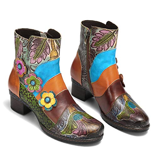 gracosy Botines de Cuero para Mujeres,Otoño e Invierno 2019 Bloque de Pata Flor Original Hecho a Mano Estilo Bohemio Nacional Rico en Color Cómodo Suela Blanda Cremallera