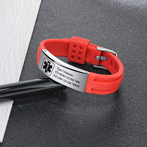 Grand Made Pulseras personalizadas de id médica de alerta de 9" Pulsera de silicona ajustable para deportes de emergencia para hombres Mujeres Pulsera impermeable para mujer (Red & Silver 1)