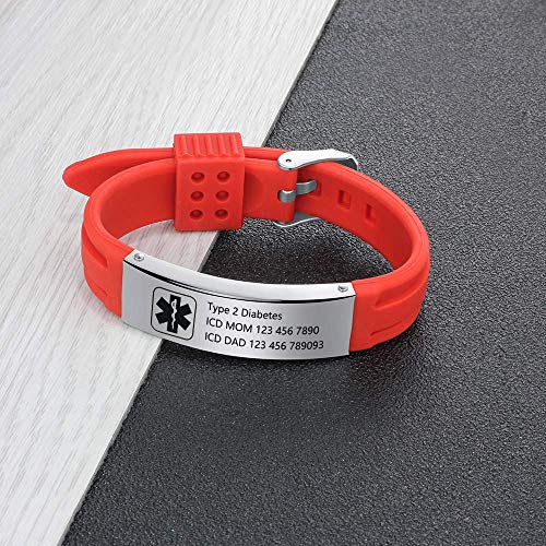 Grand Made Pulseras personalizadas de id médica de alerta de 9" Pulsera de silicona ajustable para deportes de emergencia para hombres Mujeres Pulsera impermeable para mujer (Red & Silver 1)