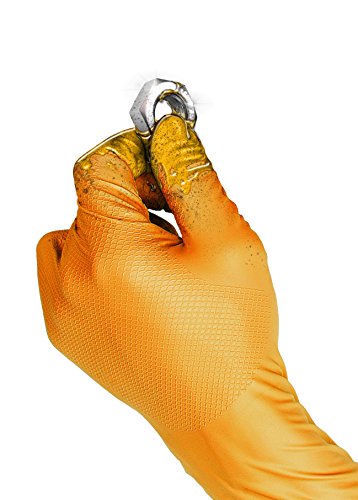 Guantes desechables de nitrilo extra resistentes Gripster Skins – Paquete de 50 / 25 pares – EPI Cat 3 guantes sin polvo por Gocableties, nitrilo., Naranja, Medium / Size 8