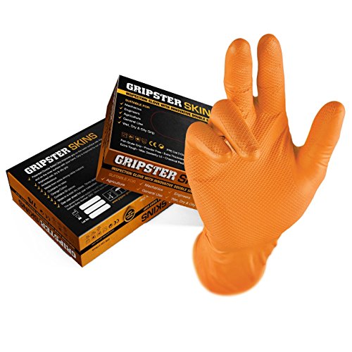 Guantes desechables de nitrilo extra resistentes Gripster Skins – Paquete de 50 / 25 pares – EPI Cat 3 guantes sin polvo por Gocableties, nitrilo., Naranja, Medium / Size 8