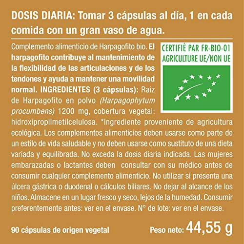 Harpagofito BIO Garra de Diablo | 1200mg Por Día Alivio Dolor Articular Facilita Digestión | Sin Aditivos Natural | Fabricado en Francia 90 Cápsulas Vegetales