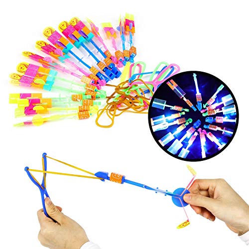 Herefun Helicóptero Vuelo Juguete, 15 Piezas Arrow Rocket Copters con Luz LED con Elástico Elastic Powered Sling Shot Heli, Regalo Divertido y Elástico