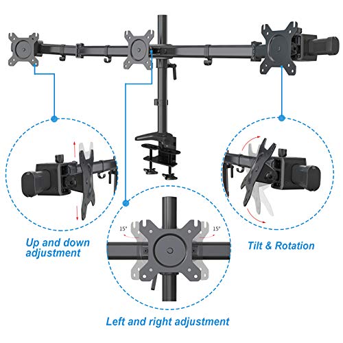 HFTEK Soporte para 3 Tres Monitor Desk Mount Bracket Control Center Soporte de Escritorio para TFT LED LCD Pantalla 15" - 27" Pulgadas con VESA 75/100 - HF330C