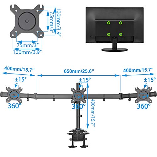 HFTEK Soporte para 3 Tres Monitor Desk Mount Bracket Control Center Soporte de Escritorio para TFT LED LCD Pantalla 15" - 27" Pulgadas con VESA 75/100 - HF330C