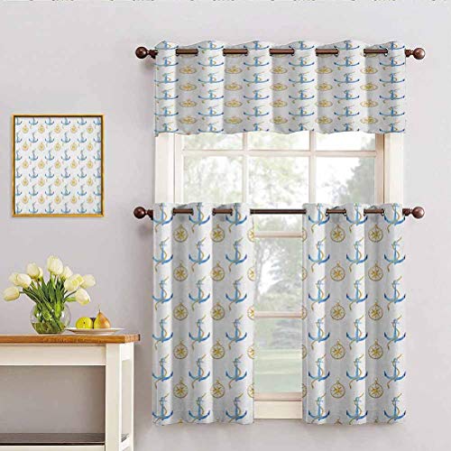 Hiiiman Cortinas opacas cortas con ojales marítimos en estilo acuarela con anclas azules y Windrose, juego de 1, 52 x 18 pulgadas pequeñas cenefas de ventana para cocina