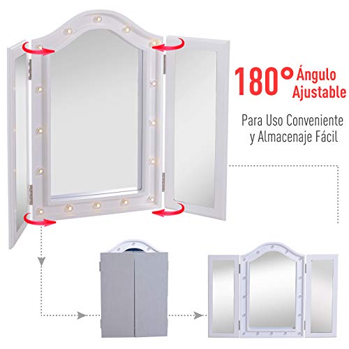 HOMCOM Espejo de Maquillaje con Luz LED Plegable Espejo Triple de Mesa Regalo Original para Mujer Cargo con Batería Espejo Cosmético con Iluminación 73x53.5x4.5cm