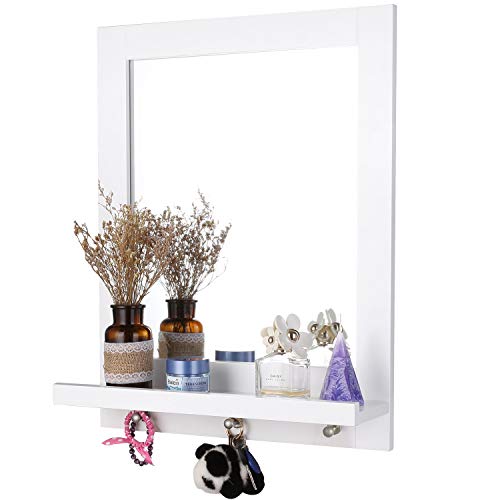 Homfa Espejo Baño Espejo de Pared con 1 Balda y 3 Ganchos Espejo para Baño Dormitorio Blanco 47x13.5x60cm