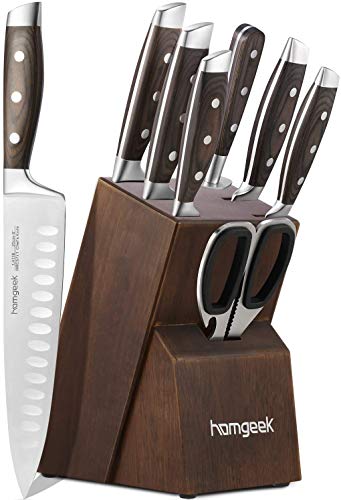 homgeek Cuchillo de Cocina Profesional, Juego Cuchillos Cocina Hecho de Acero Inoxidable 1.4116 Alemán, Incluye Tijeras, Bloque de Madera, 8 Piezas