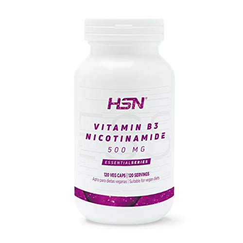 HSN Vitamina B3 500 MG | Suministro 4 Meses | Fórmula de liberación inmediata de Nicotinamida | No Produce Flush | Vegano, Sin Gluten, Sin Lactosa, 120 Cápsulas Vegetales