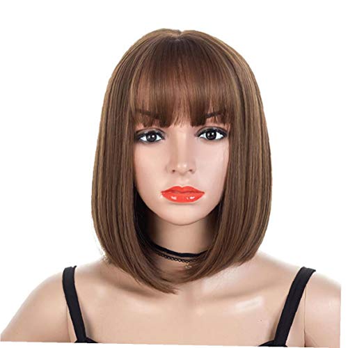 hvxjxk Mujeres Corto Bob Pelucas Recta con Plano Bangs Sintético del Partido De Cosplay De La Peluca Diaria Naturales como Verdaderas Cabello Castaño