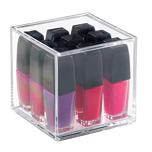 iDesign Organizador de maquillaje con tapa (10,2 x 10,2 x 10,2 cm), caja de belleza pequeña en plástico sin BPA, organizador de cosméticos apilable de acrílico, transparente