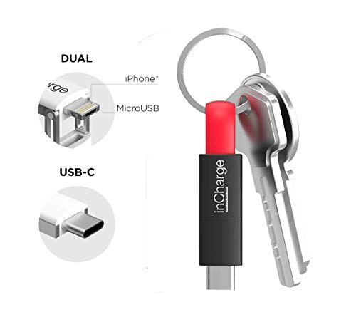 inCharge Nuevo All in One (3 en 1) Llavero Cable de Carga, Transferencia Datos Compatible con Apple iPhone, iPad, Airpods | Compatible con Todos Micro USB Android y Todos USB Tipo C (TPE, Red)