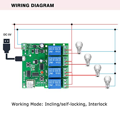 Interruptor de relé inalámbrico de 4 canales, con WiFi, control instantáneo, interruptor de encendido automático, módulo para Smart Home para iOS/Android (5-32 V)