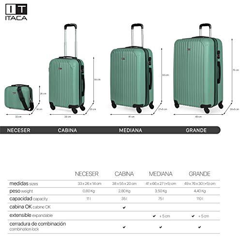 ITACA - Juego Maletas de Viaje 4 Ruedas Trolley ABS. Extensibles Rígidas Resistentes y Ligeras. Mango Asas Candado. Pequeña Cabina Low Cost, Mediana y Grande. T71500, Color Verde Menta