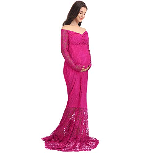 IWEMEK Vestido de Maternidad Mujeres Encaje Fiesta Largos Boda Vestido Embarazada Larga Faldas Fotográficas de Maternidad Apoyos de Fotografía Vestidos de Cóctel Rosa Caliente XL