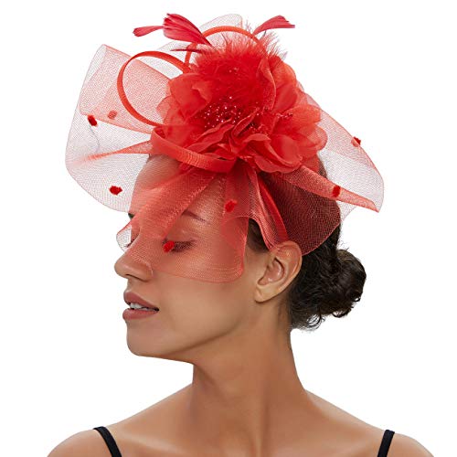 JaosWish Tocado para mujer, diadema, boda, cóctel, flor, plumas, clip de pelo para fiesta de té Rojo rosso Talla única