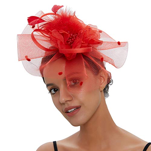 JaosWish Tocado para mujer, diadema, boda, cóctel, flor, plumas, clip de pelo para fiesta de té Rojo rosso Talla única