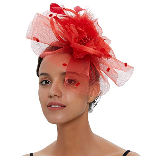 JaosWish Tocado para mujer, diadema, boda, cóctel, flor, plumas, clip de pelo para fiesta de té Rojo rosso Talla única