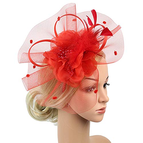 JaosWish Tocado para mujer, diadema, boda, cóctel, flor, plumas, clip de pelo para fiesta de té Rojo rosso Talla única