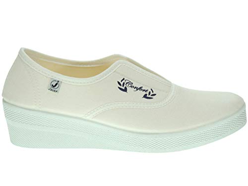 JAVER 1111 Zapatilla Deportiva Aerobic Lona Mujer Cuña 4Cm Ajuste Elástico Empeine Piso Goma Antidelizante Blanco Talla 37