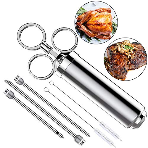 Jeringa Cocina da acero Inox con 3 Agujas Aprobado por la FDA 304 jeringa de Alimentos con Sabor a Adobo de Acero Inoxidable para Pavo de Res BBQ 60 ml 2 oz con 2 Cepillos