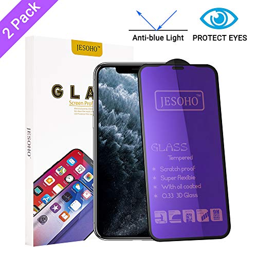 JESOHO Protector Pantalla iPhone 11 Pro/XS/X (2 Pack), Anti Luz Azul Cristal Templado iPhone 11 Pro/XS/X, Cobertura Completa, Toque 3D, Dureza 9H, Borde 3D,Anti-Rayado, Anti-Huella Digital