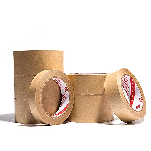 Jia Hu - Cinta adhesiva de papel kraft (5 rollos), diseño de parte trasera plana, para caja de cartón 36 mm