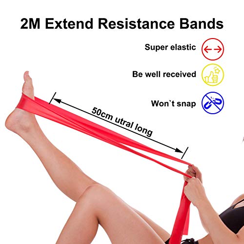 Juego de bandas de resistencia deportivas, 2 m, bandas de ejercicio ultra largas, con libro de instrucciones y bolsa de cordón, ideal para yoga, ballet, pilates, fisioterapia, entrenamiento de fuerza, entrenamientos de fitness, Rojo-20 libras-resistencia 