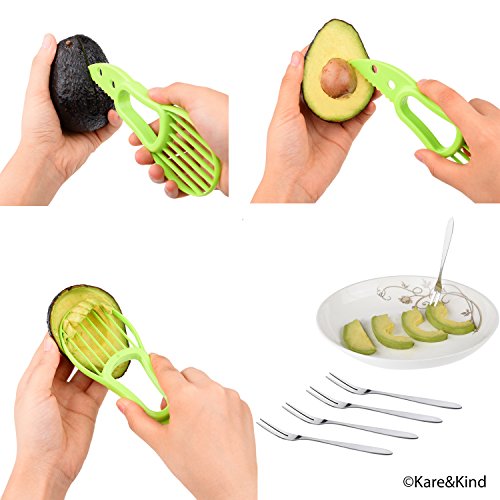 Juego Premium para tallar fruta: Rebanador de patilla de acero inoxidable, sacabocado de melón y cuchillo de fruta 2-en-1 y un rebanador de aguacate – Bono: 5 tenedores de fruta de acero inoxidable