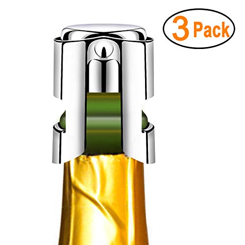 Kimimara Tapón de Cierre para Botella de Champán，Pack de 3 Unidades de Acero Inoxidable con Sellador de Goma Reutilizable, Accesorio para Regalar Ideal para Champagne (Plata)