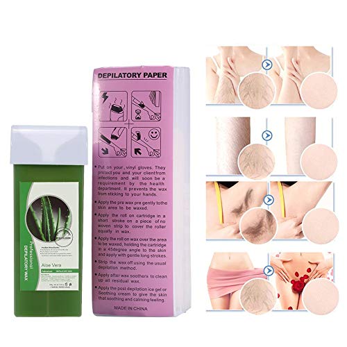 Kit de Depilación Cera Calentador Roll on con pantalla de temperatura LCD+100g cera+100 bandas cera papel+5PCS Espátulas de madera Depilatoria Profesional Depilar para mujer hombre(Áloe)