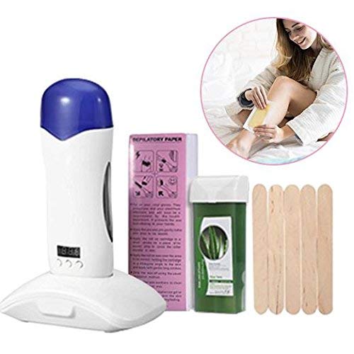 Kit de Depilación Cera Calentador Roll on con pantalla de temperatura LCD+100g cera+100 bandas cera papel+5PCS Espátulas de madera Depilatoria Profesional Depilar para mujer hombre(Áloe)